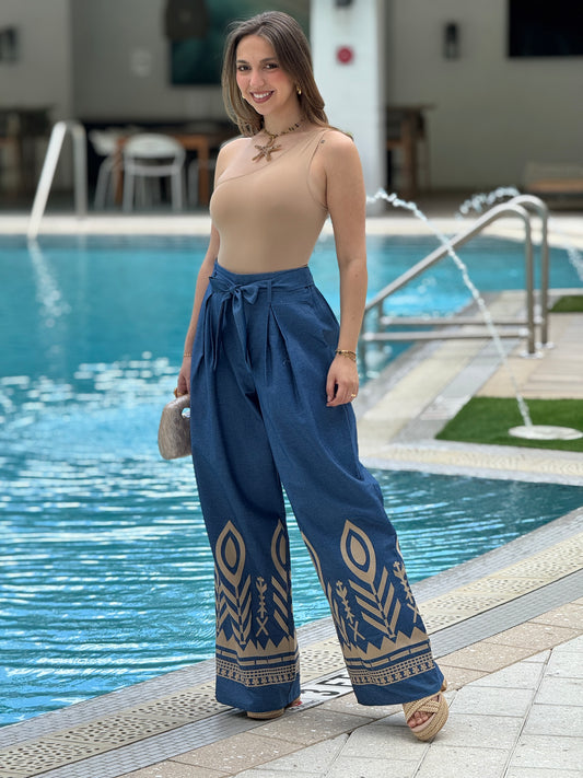 Athens Blue Embroidery Italian Pants