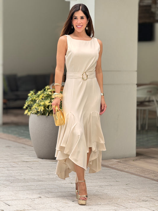 Riviera Beige Buckle Midi Dress Gala