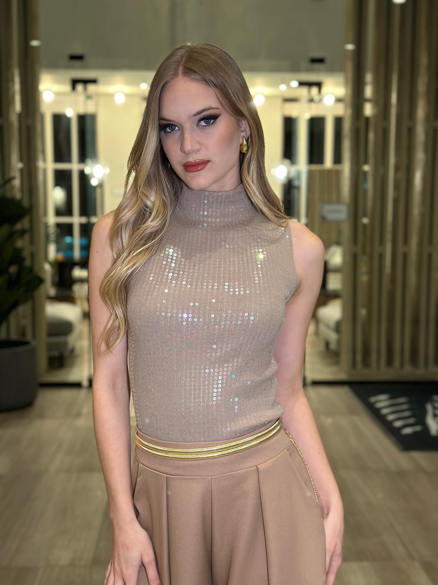 Leslie Beige Sequin Top