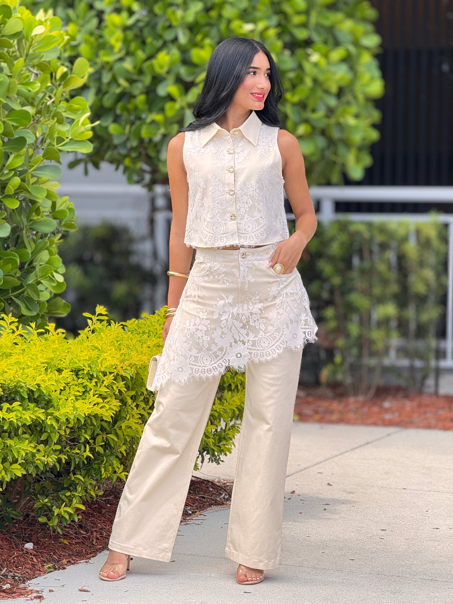 Tennie Beige Lace Asymmetric Set