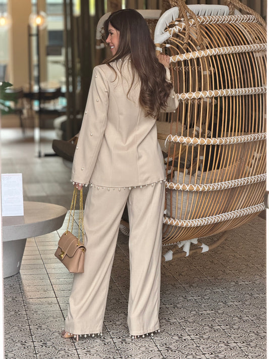 Angelica Beige Pearls Blazer Set