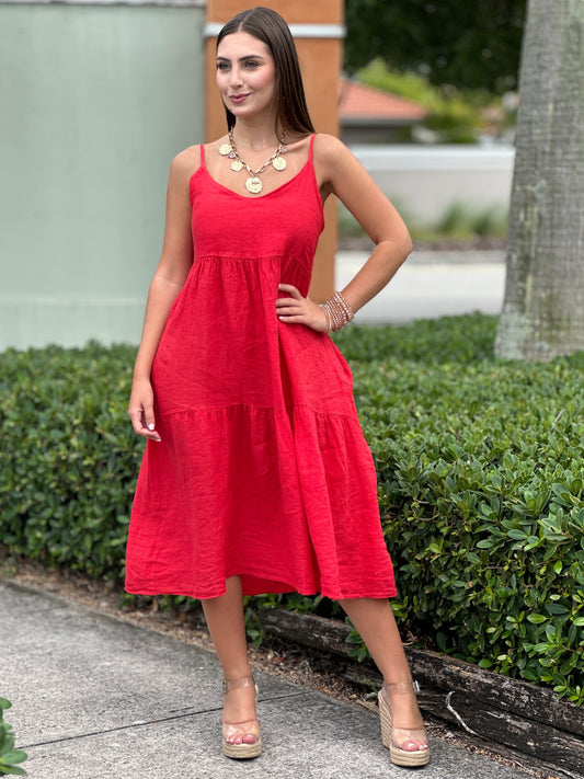Endrina Red Linen Midi Dress