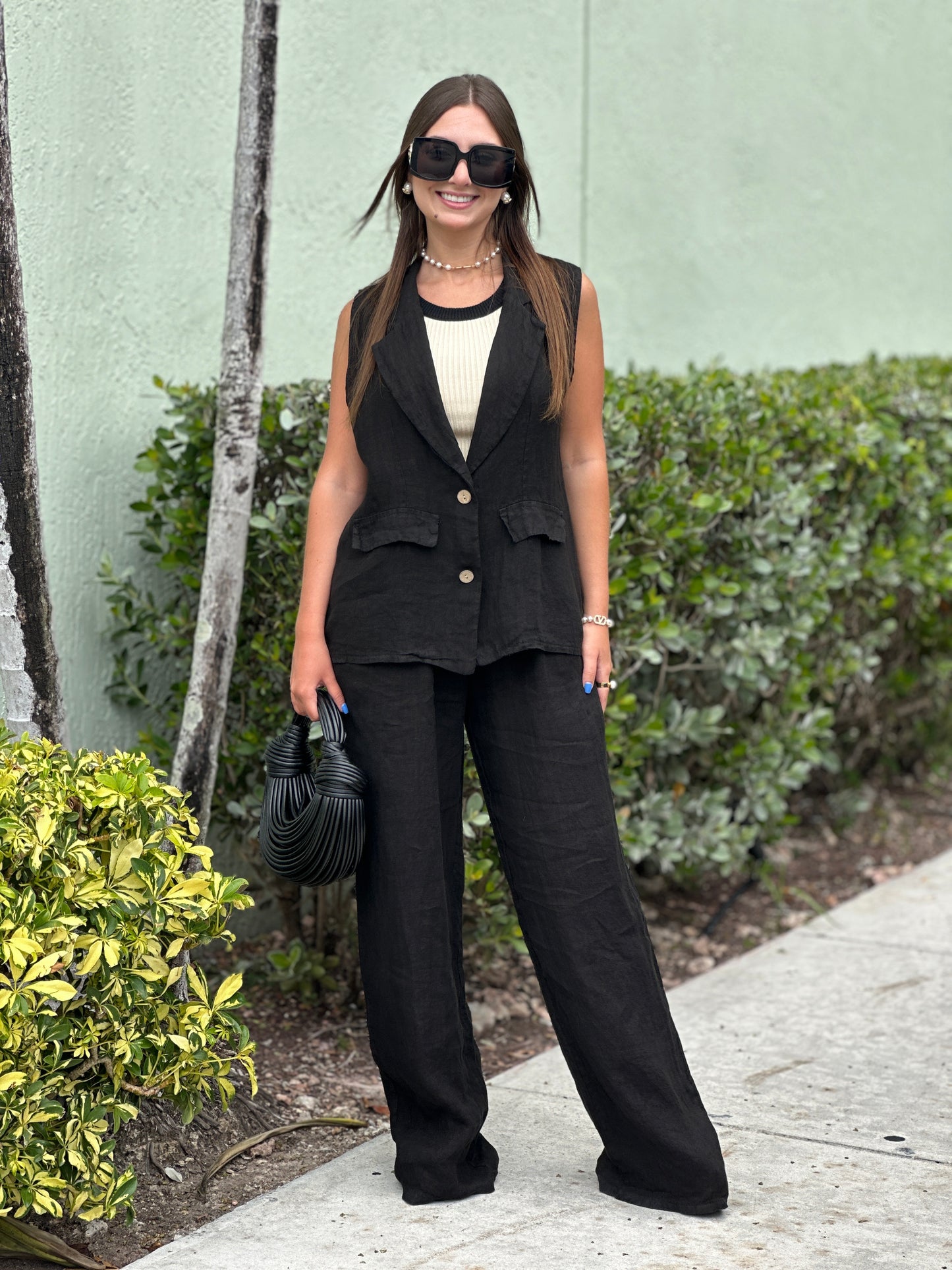 Venezia Black Linen Vest Set