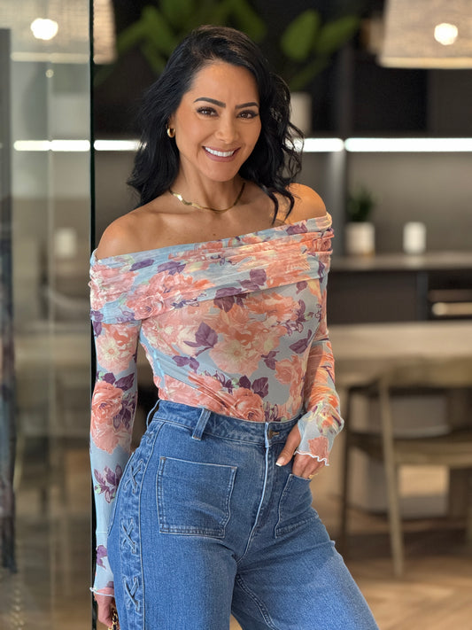 Promesa Blue/Pink Off Shoulder Mesh Top