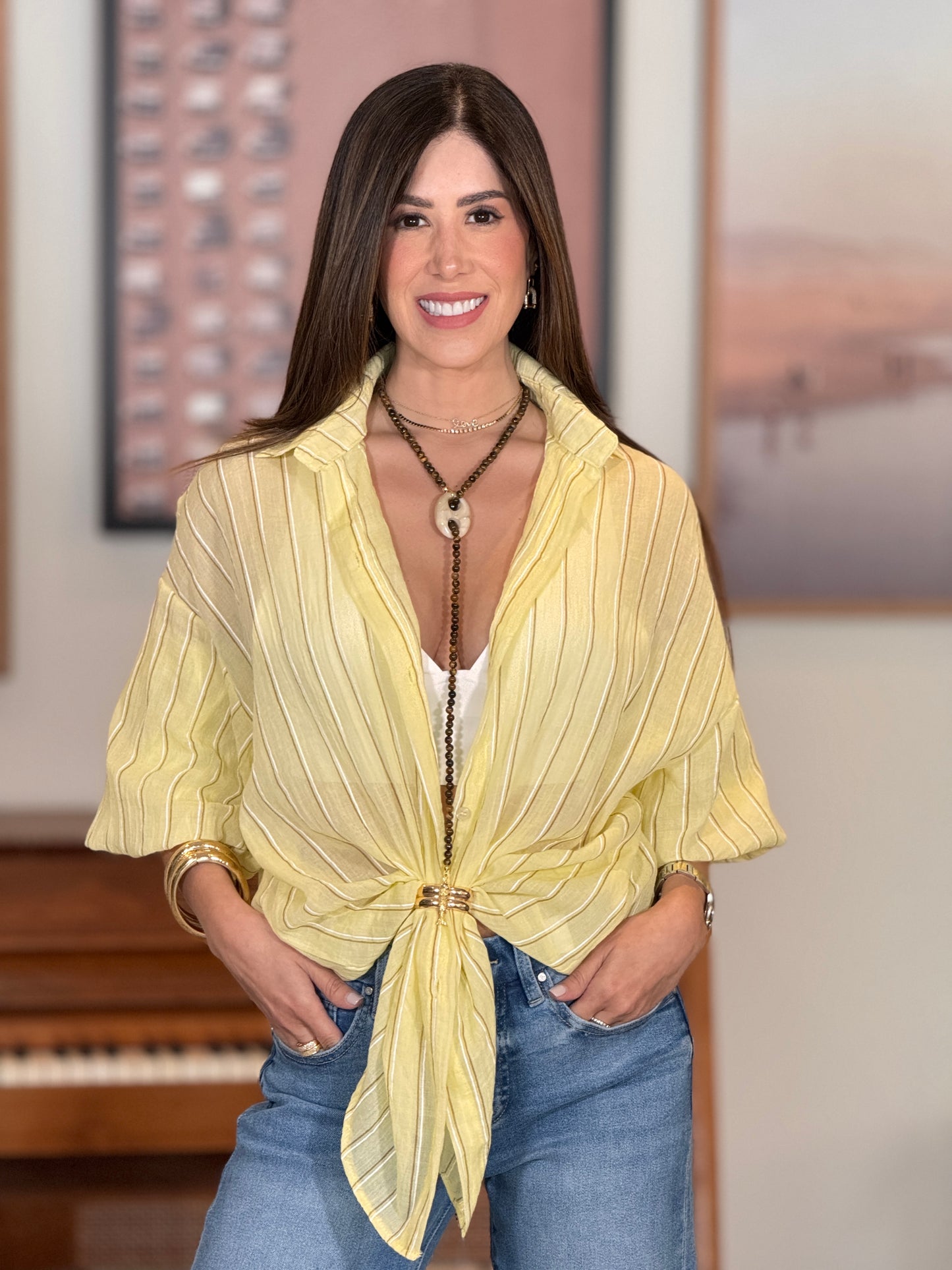 Filipa Yellow Separated Lines Shirt Top