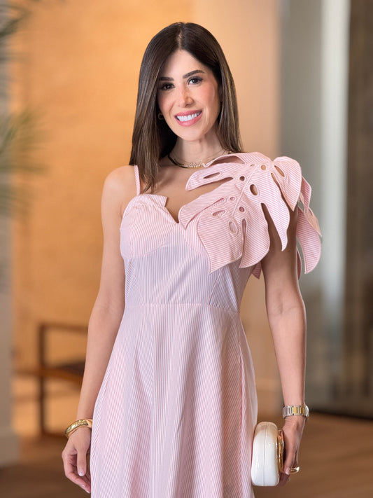 Leave Pink/White Lines Midi Dress