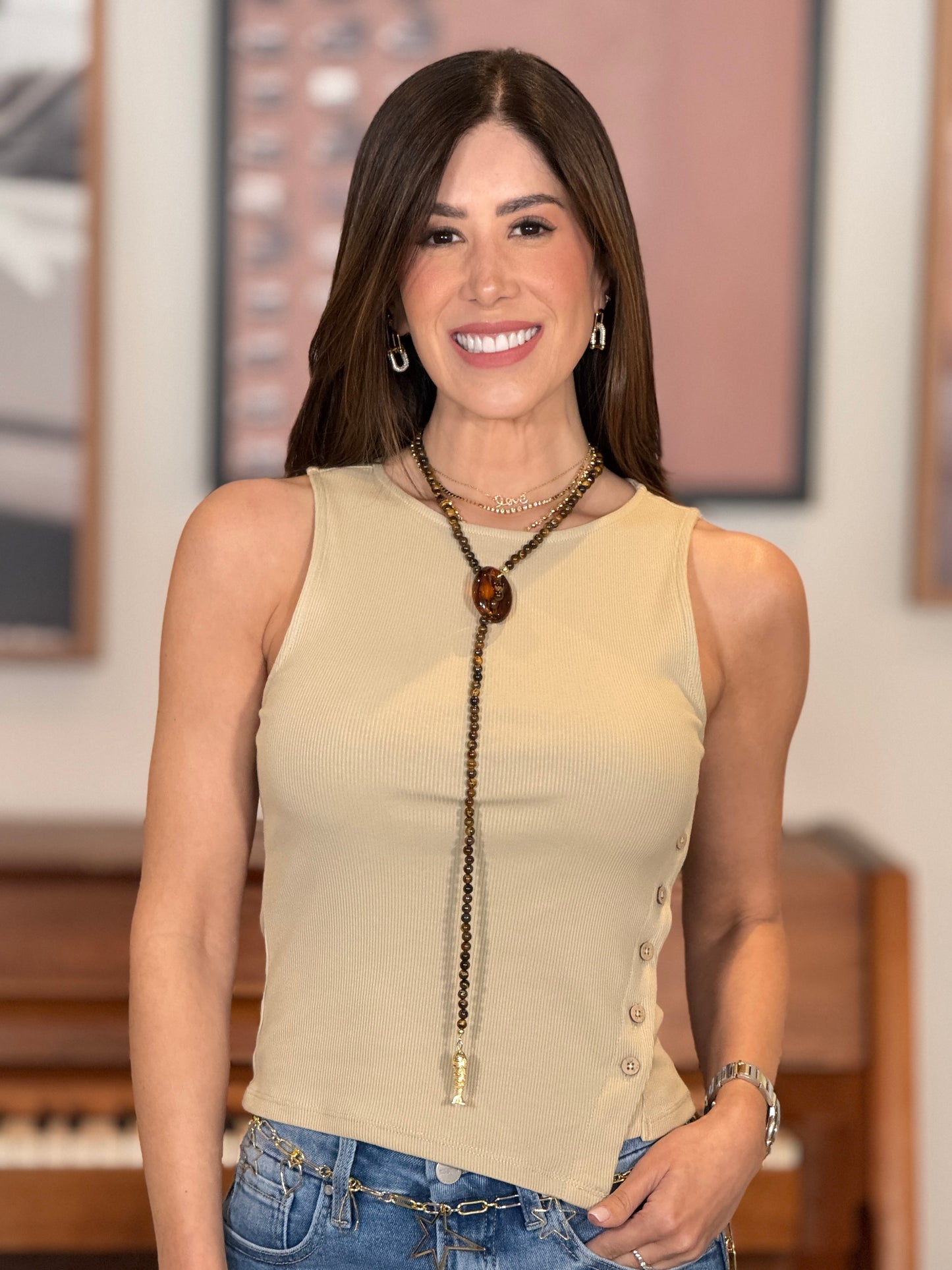 Miou Olive Buttons Knit Top