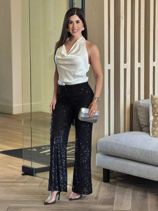 Akira White/Black Sequin Pants Set
