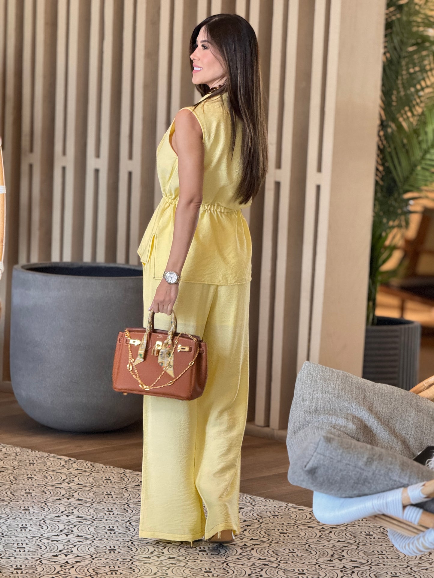 Erinne Yellow Thin Stitches Vest Set