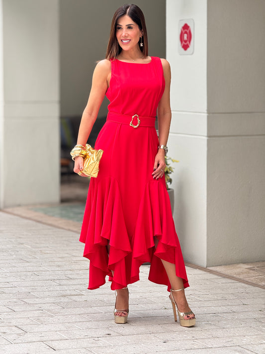 Riviera Red Buckle Midi Dress Gala