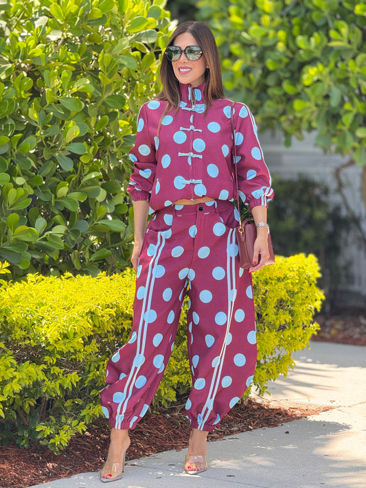 Chinese Burgundy/Blue Polka Dots Set