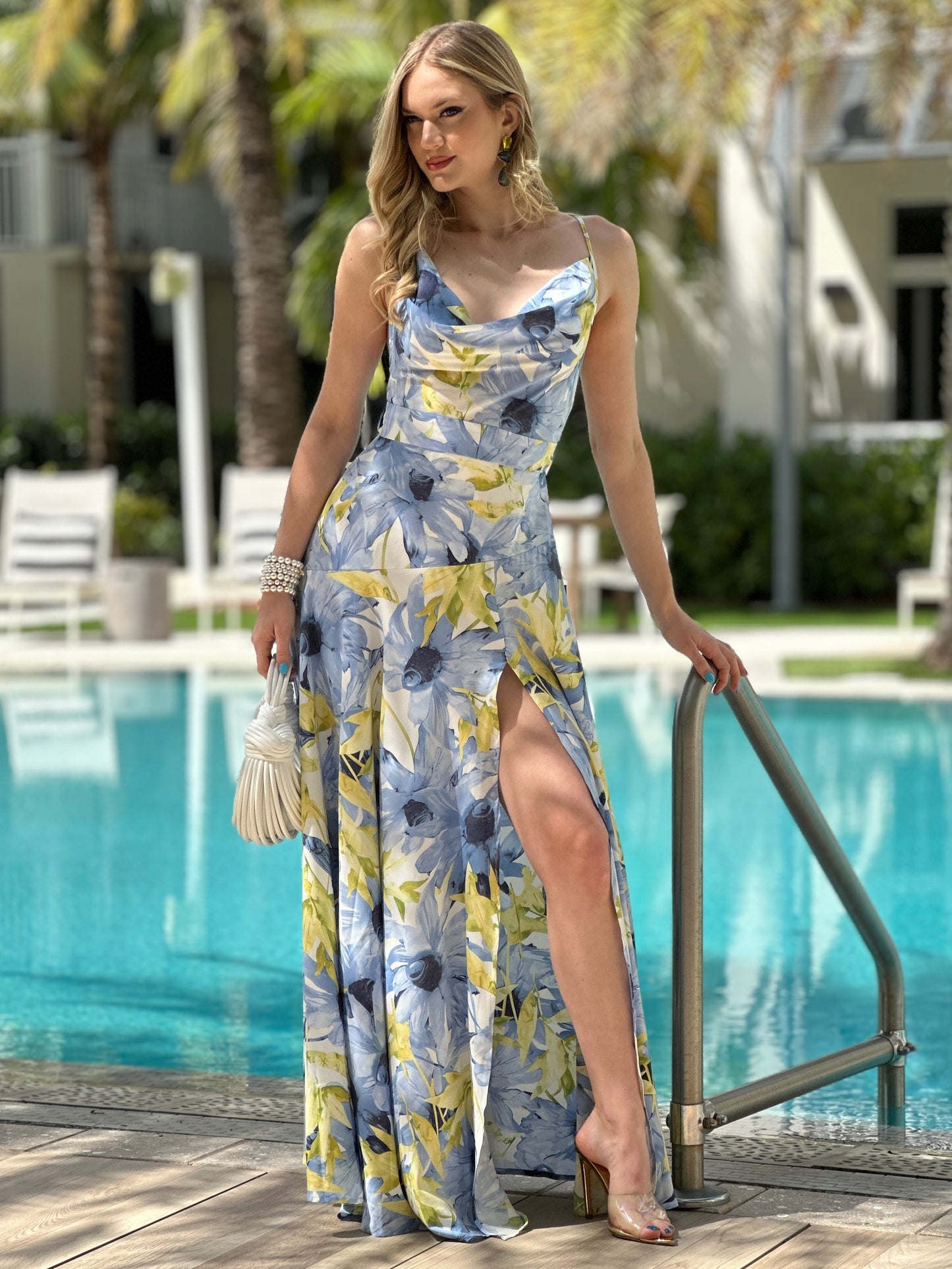 Claire Blue/Yellow Floral Satin Dress