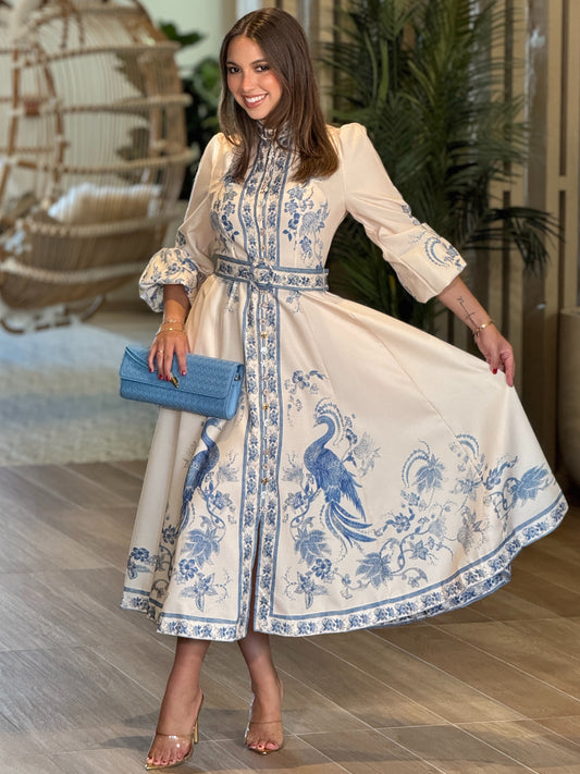 Gardenia Beige/Blue Print Dress