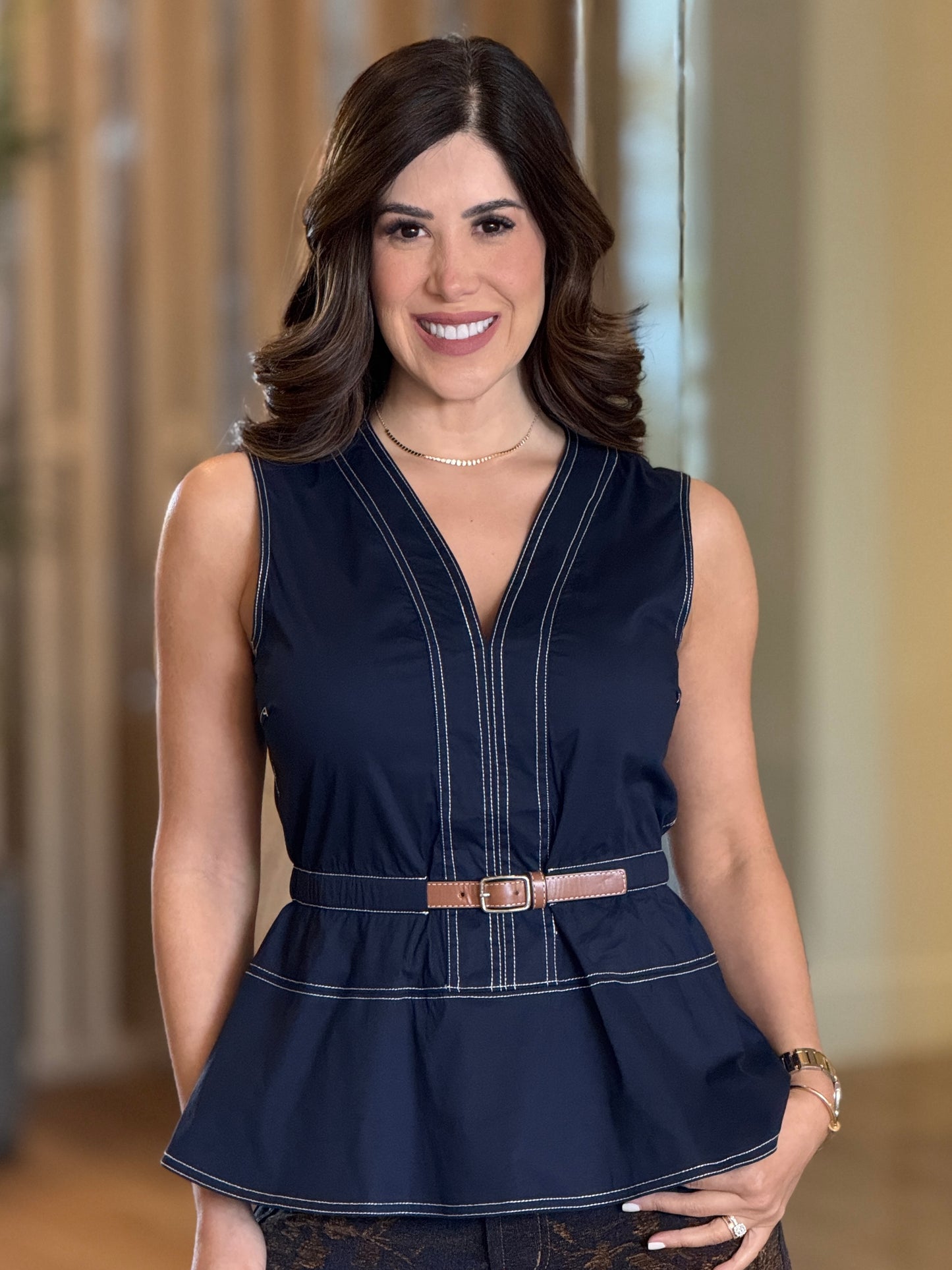 Pastel Navy Belt Peplum Top