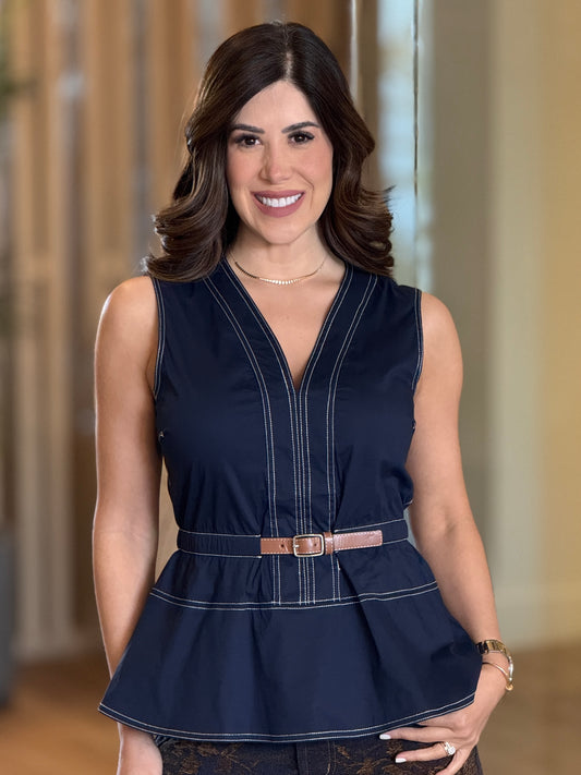 Pastel Navy Belt Peplum Top