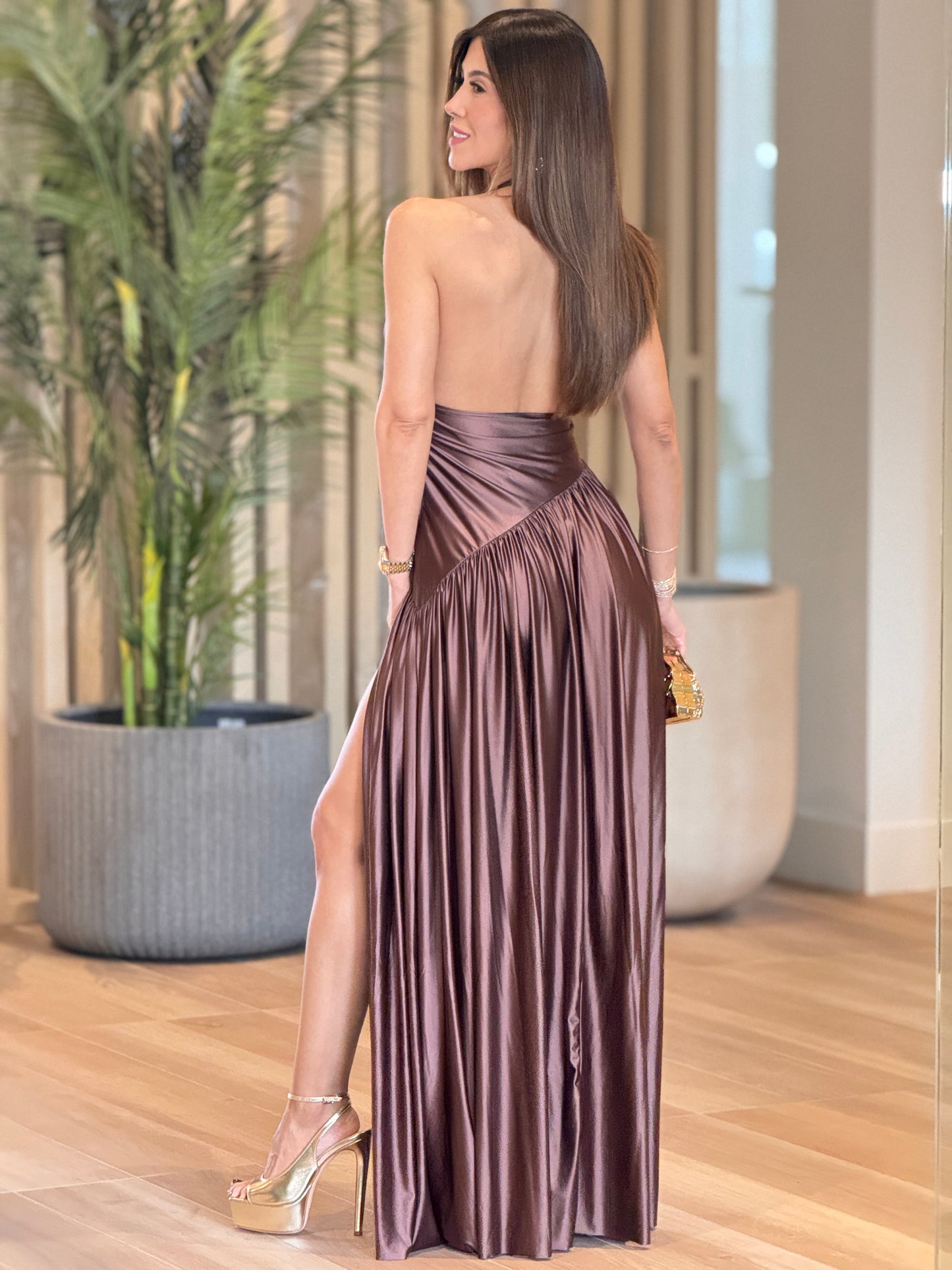 Evelyn Brown Shiny Lycra Dress