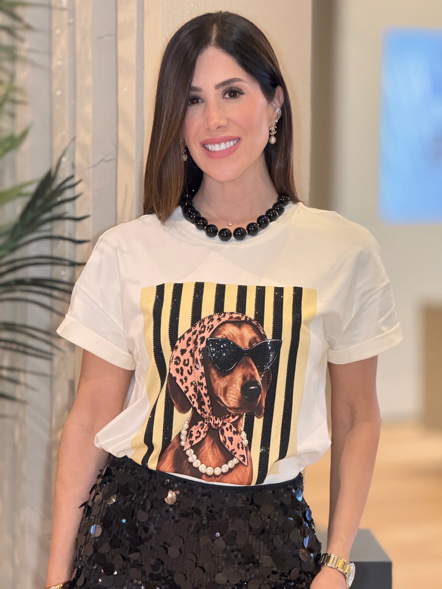 Doggy Scarf Black/Beige Lines T-Shirt
