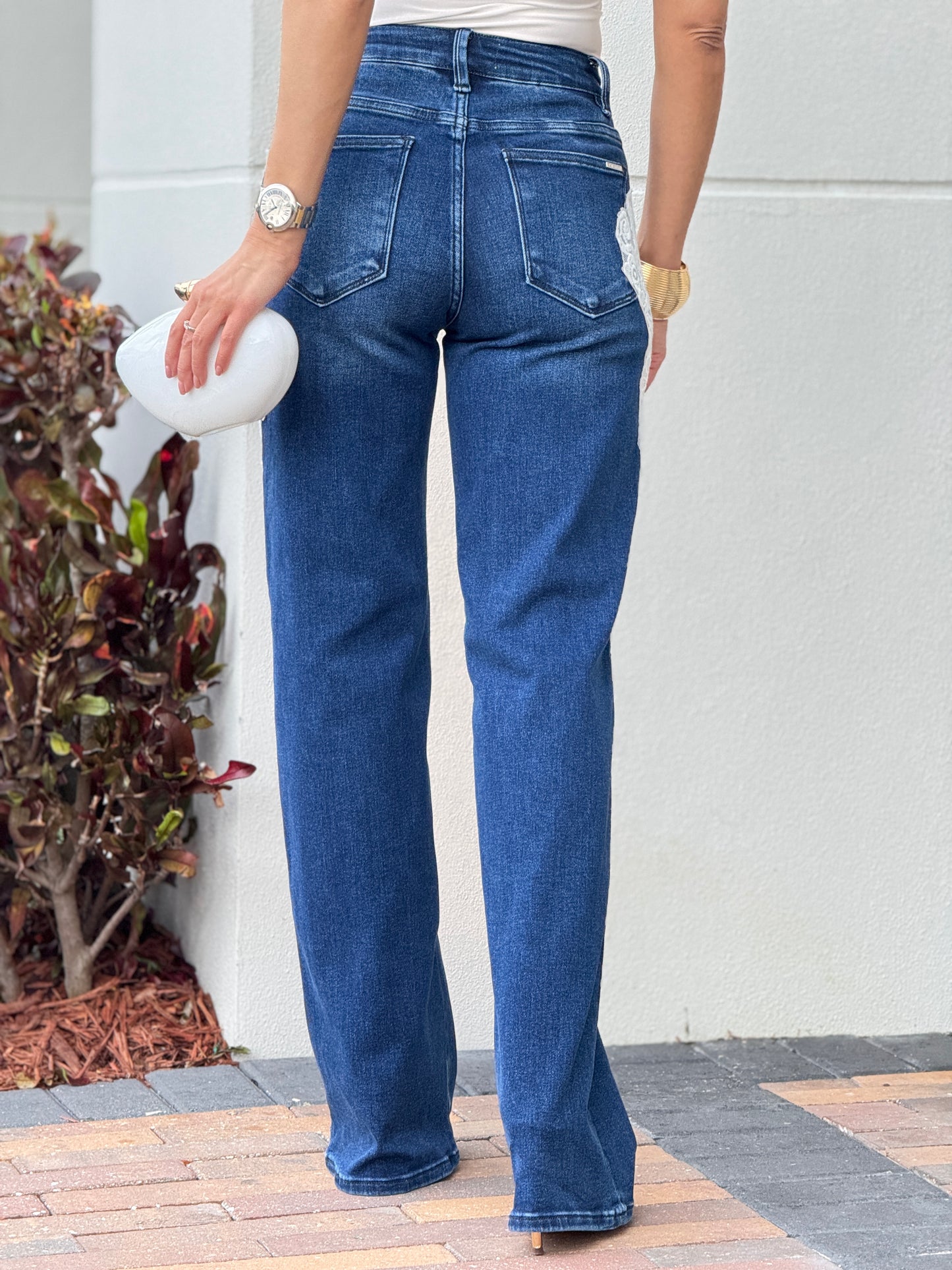 Risen Dark Denim White Lace Jeans