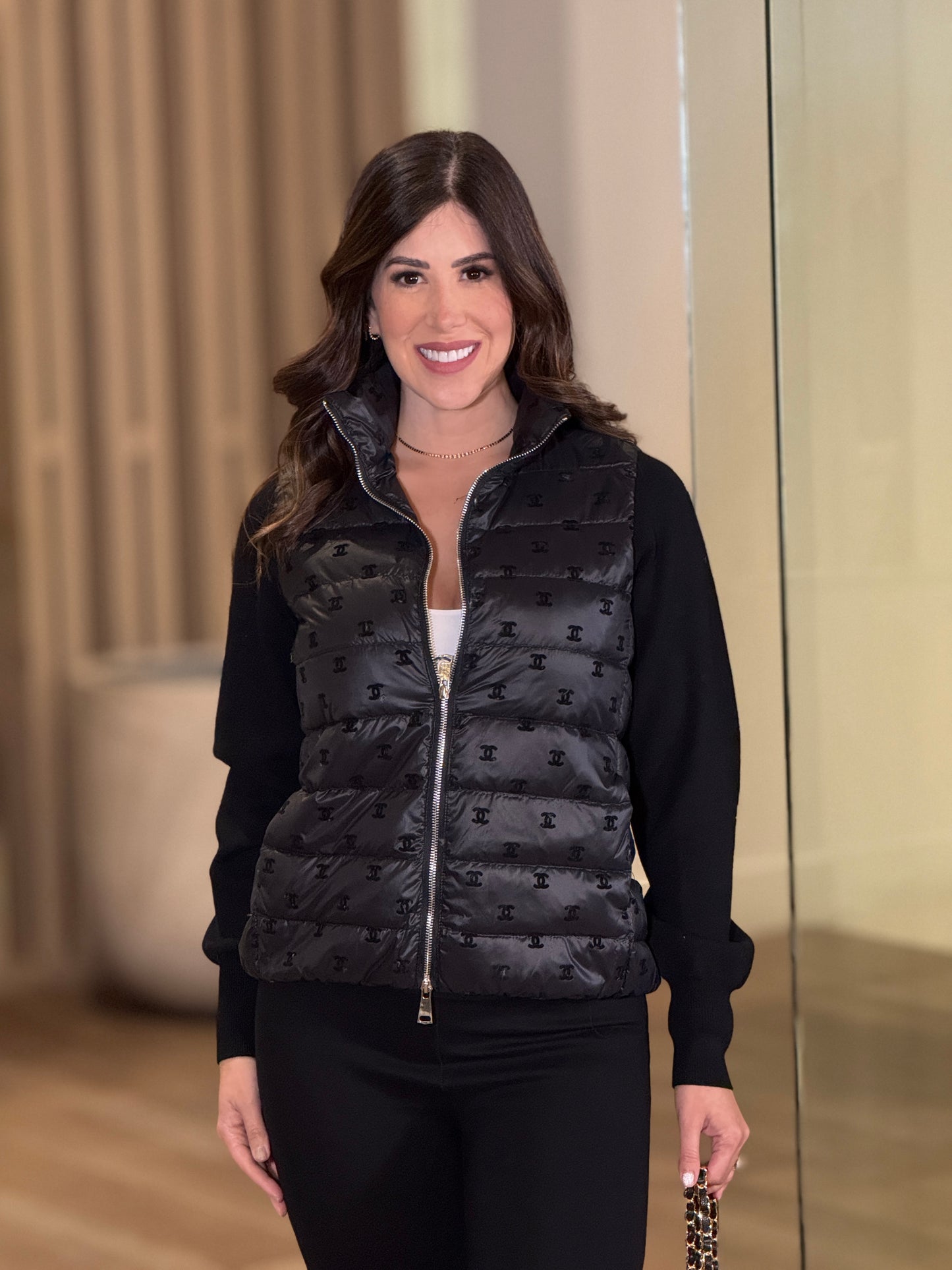 Cece Black Satin Puffer Vest Long Sleeve