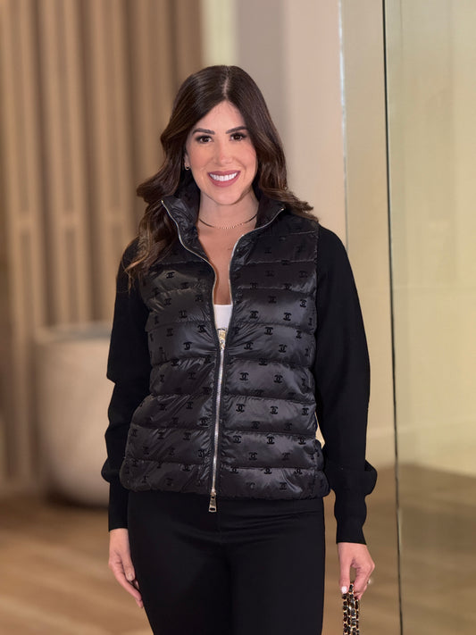 Cece Black Satin Puffer Vest Long Sleeve