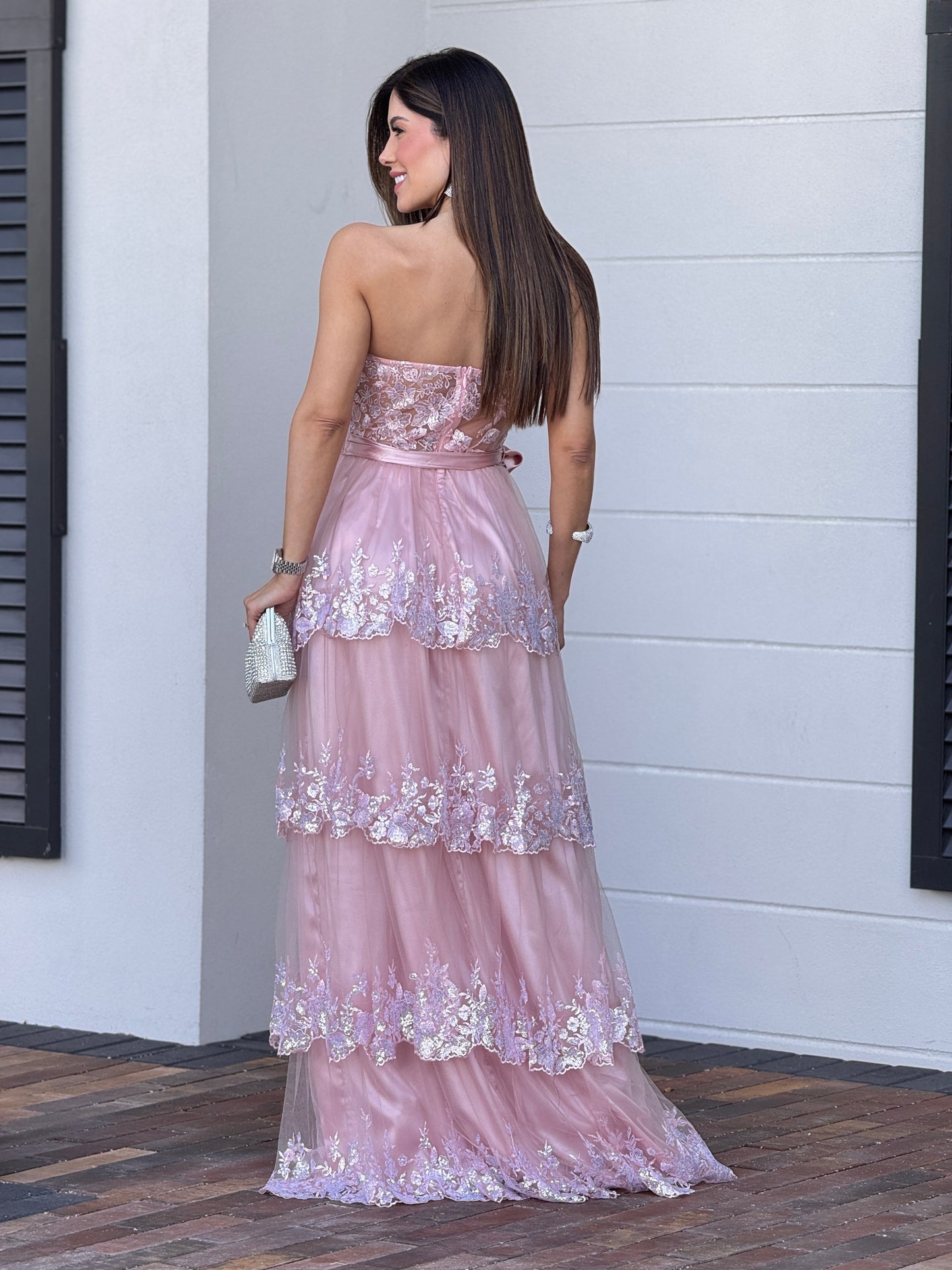 Angelical Pink Mesh Sequin Layer Dress Gala