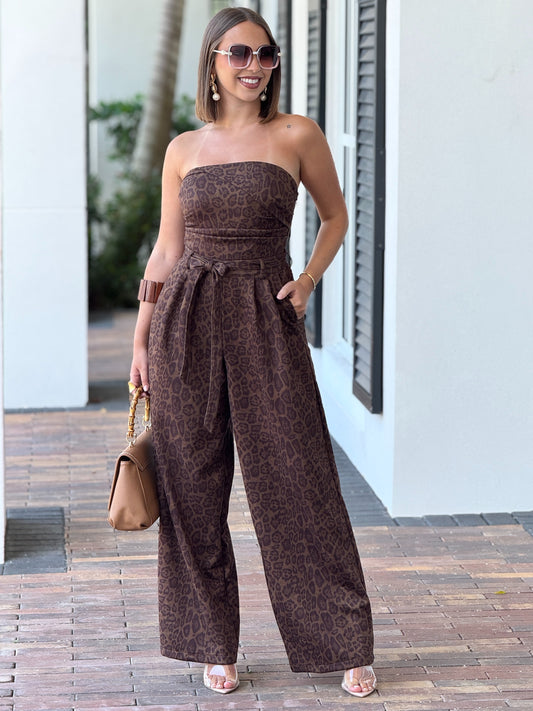 Kelsey Leopard Strapless Jumpsuit