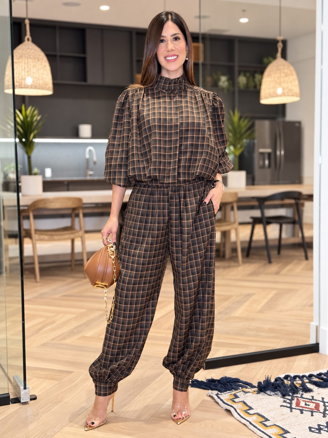Gaia Brown Plaid Bomber Set