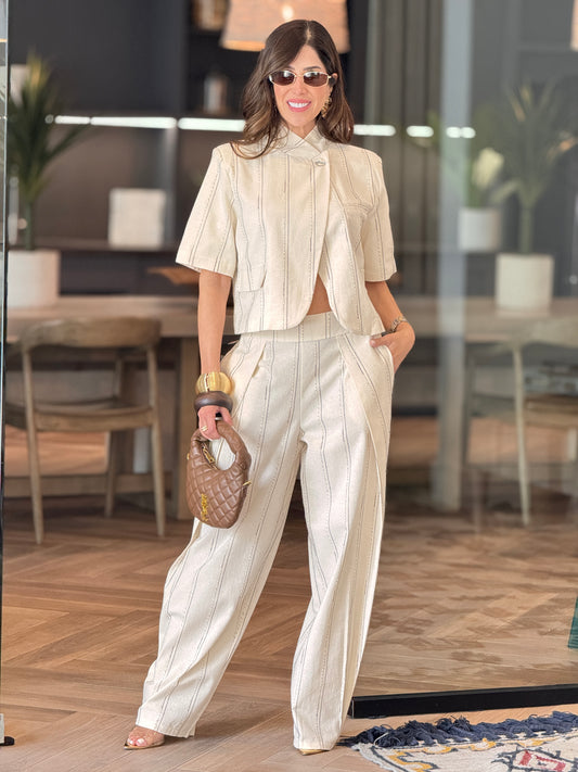 Italy Ivory/Brown Thin Lines Linen Vest Set