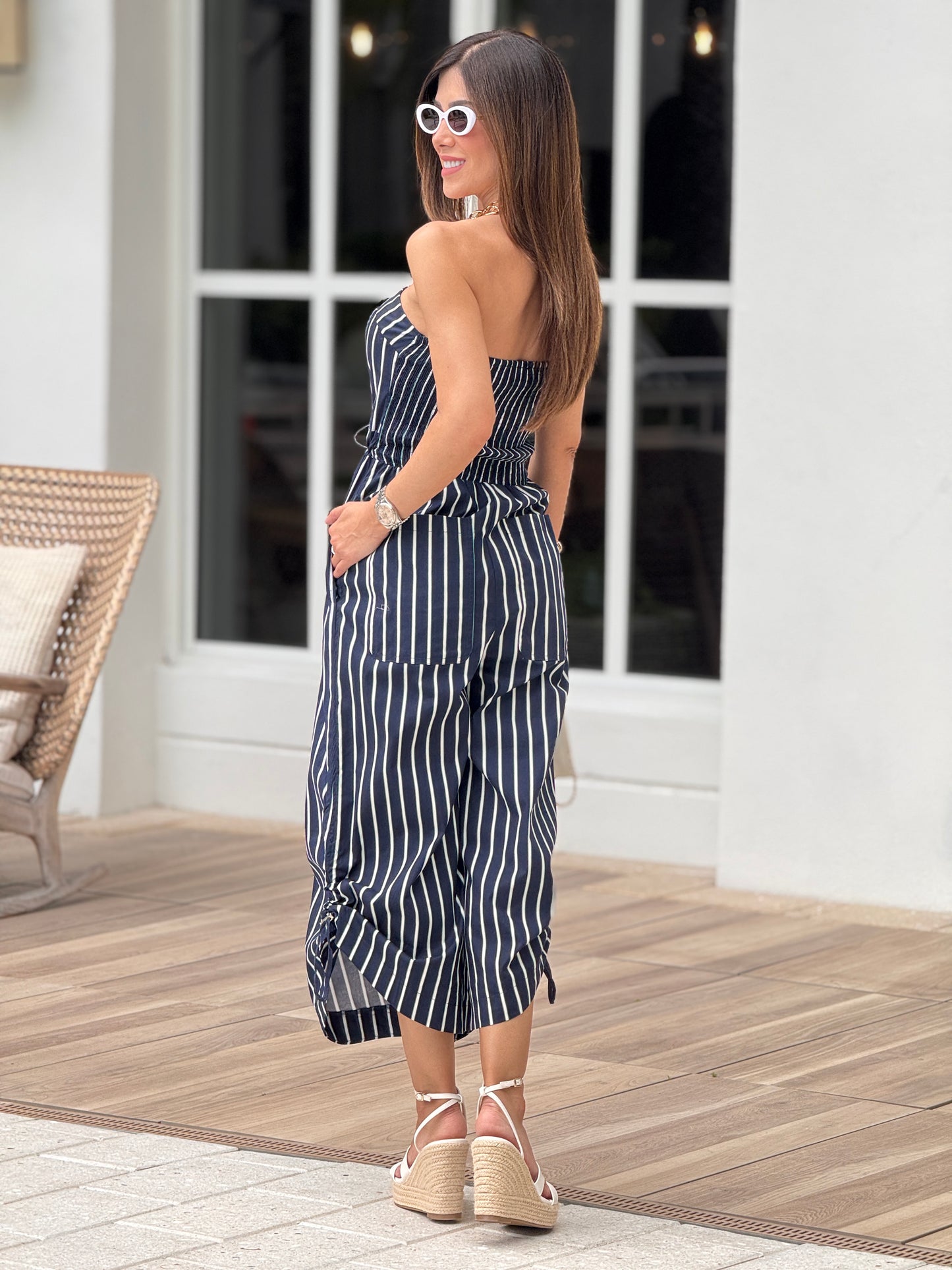 Kelsie Navy Lines Strapless Jumpsuit