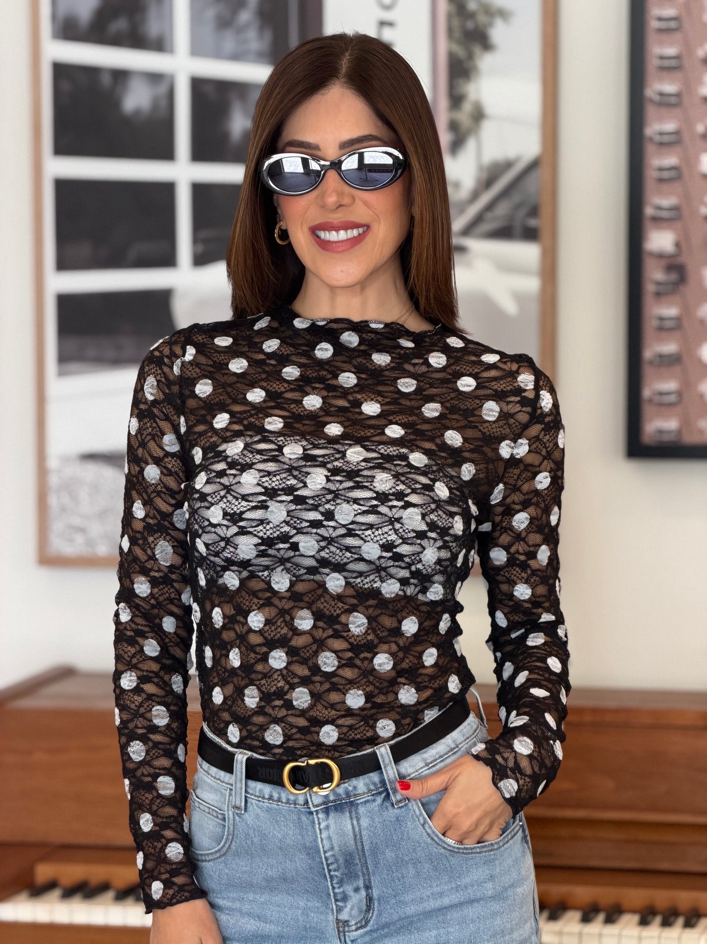 Vanity Black Polka Dots Crop Mesh Top
