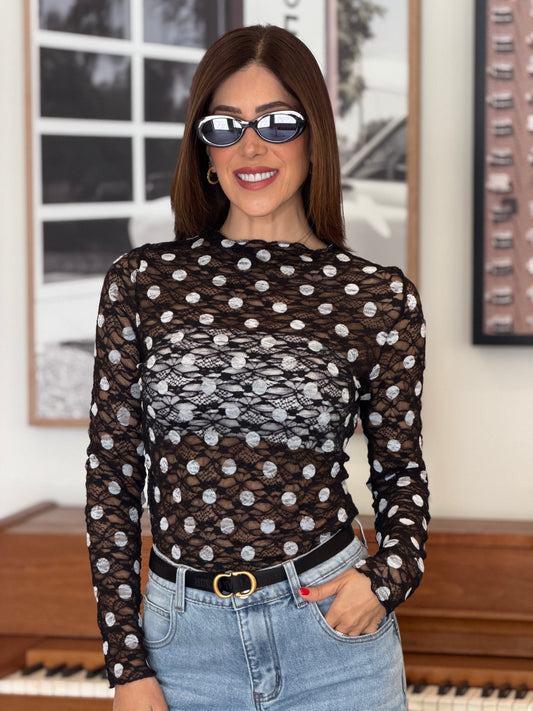 Vanity Black Polka Dots Crop Mesh Top