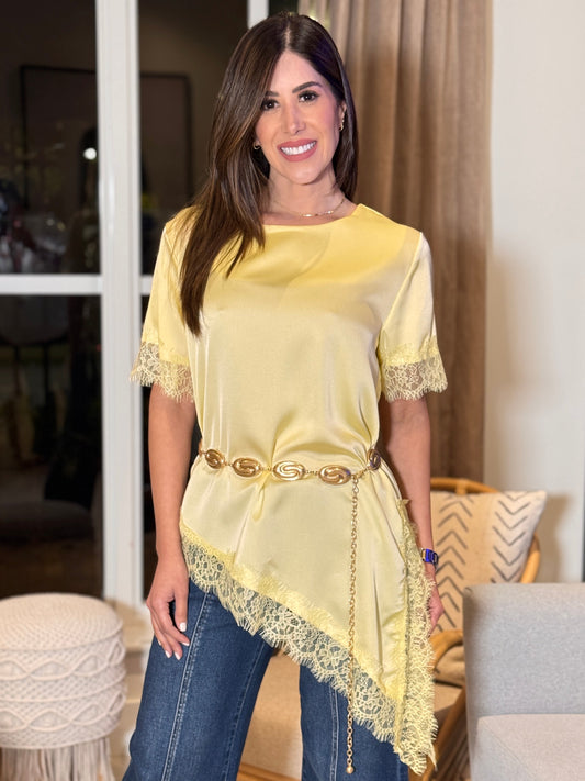 Naples Yellow Satin Asymmetrical Lace Top