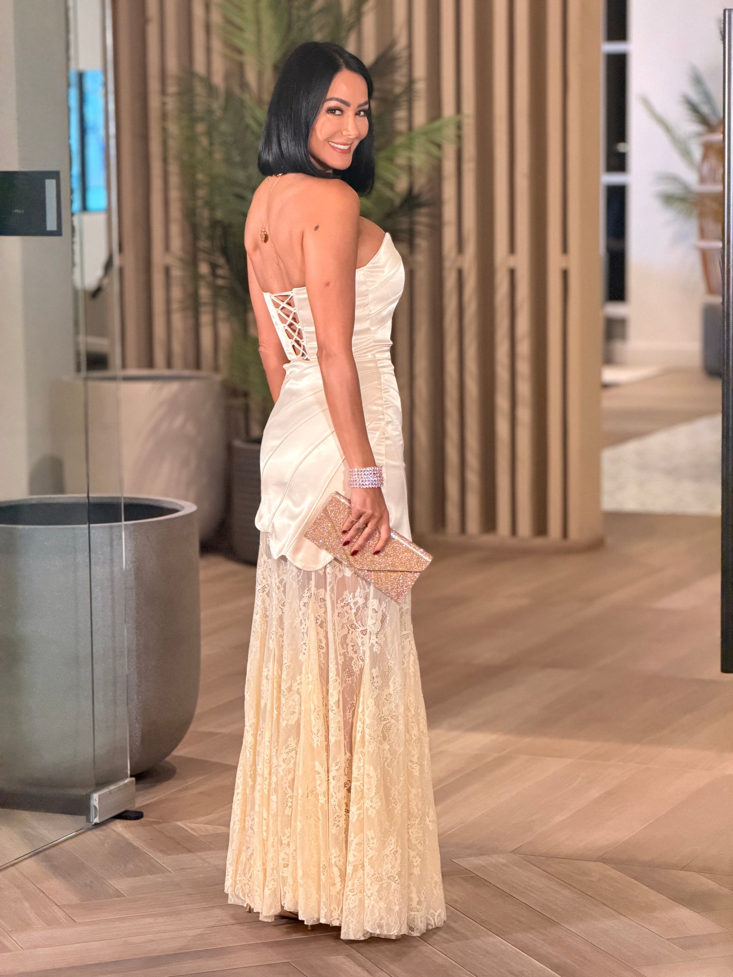 Brianne Beige Satin Strapless Gala