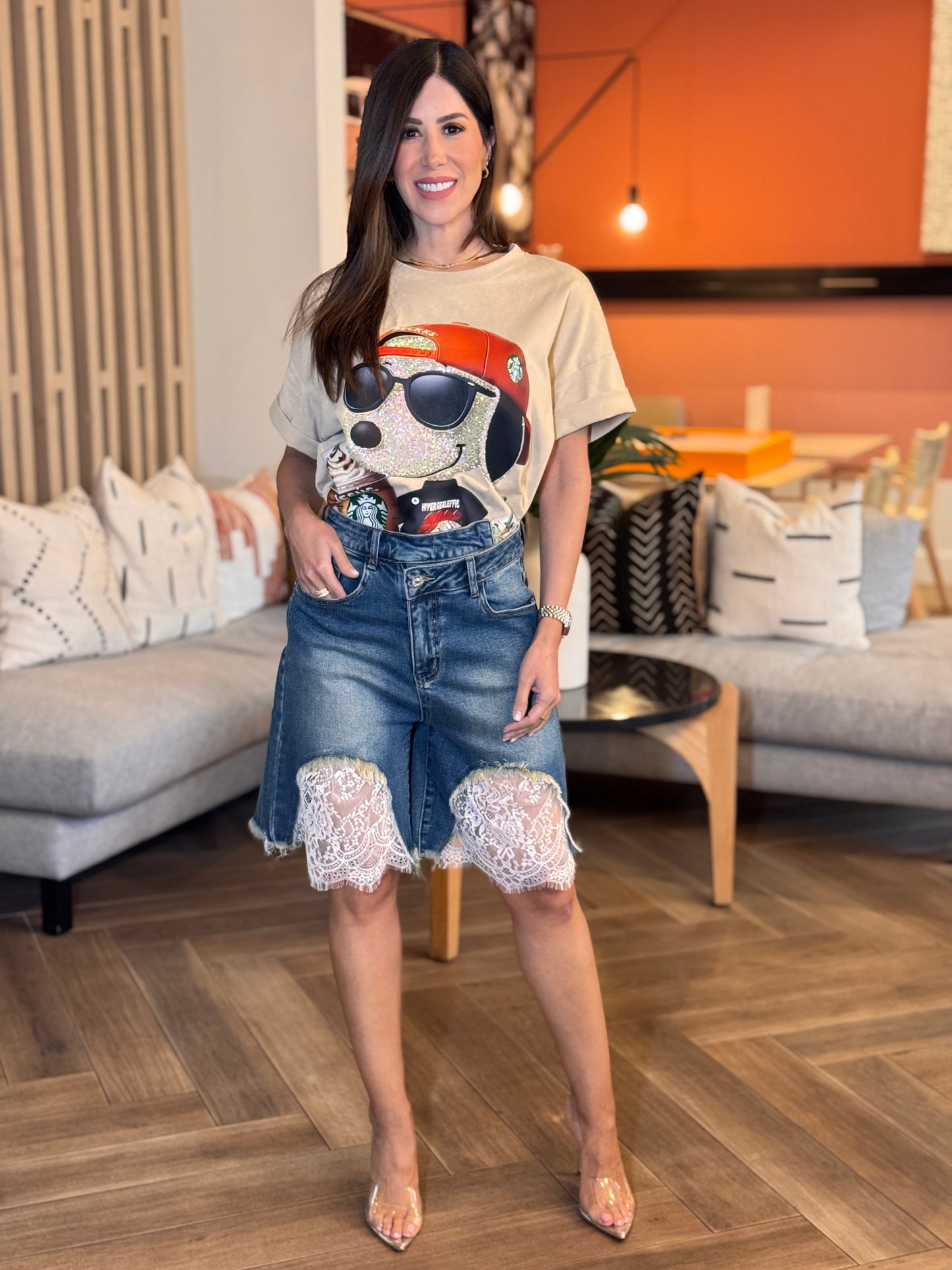 Perky Dark Denim Front Lace Bermuda Shorts