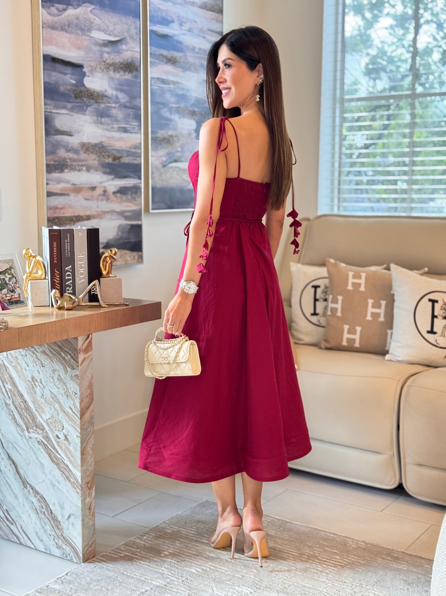 Gardenia Burgundy Petals Midi Dress