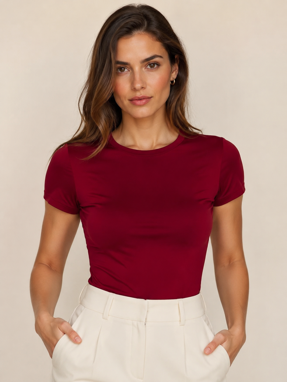 Liz Burgundy Round Neck Basic Top