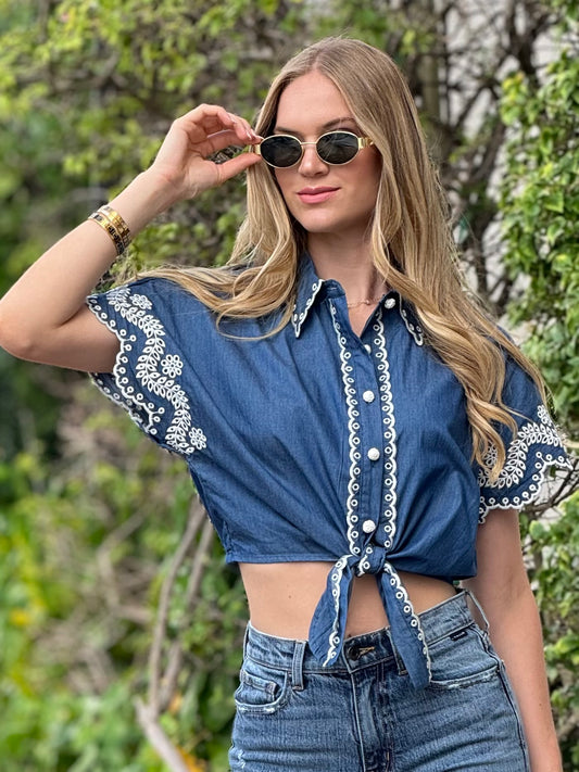 Millie Dark Denim Embroidered Shirt