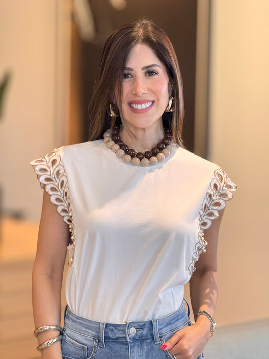 Pastel White Laurels Embro Pearls T-Shirt
