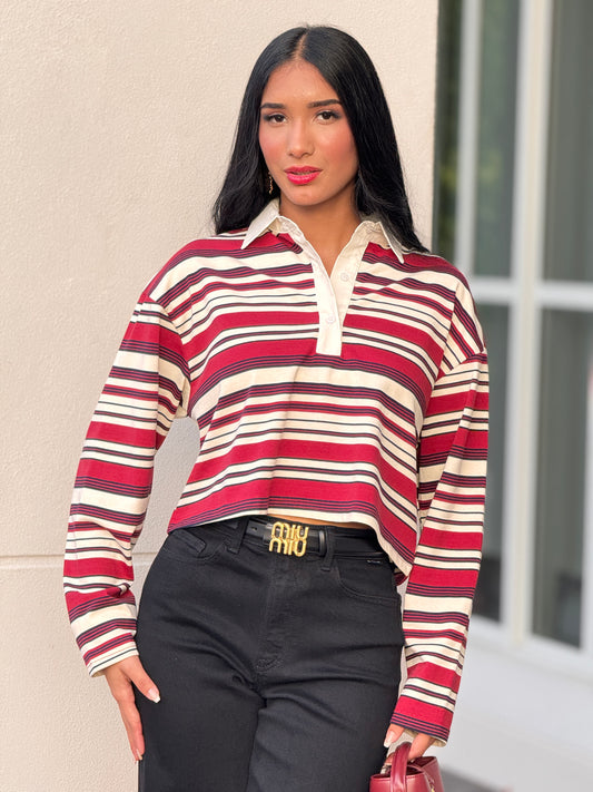 Amable Burgundy/Ivory Lines Chemise Top