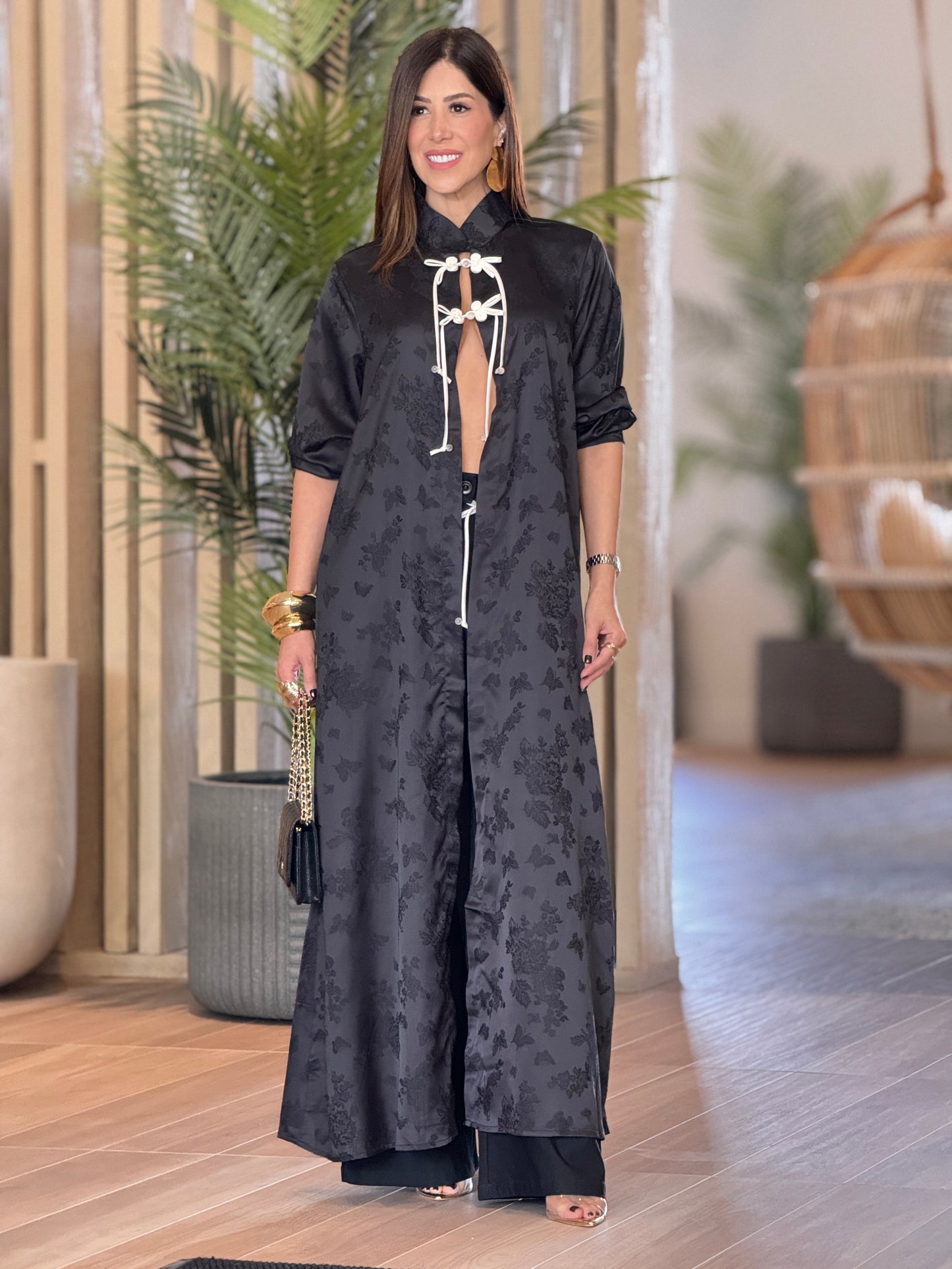 Tennie Black Satin Chinese Long Set