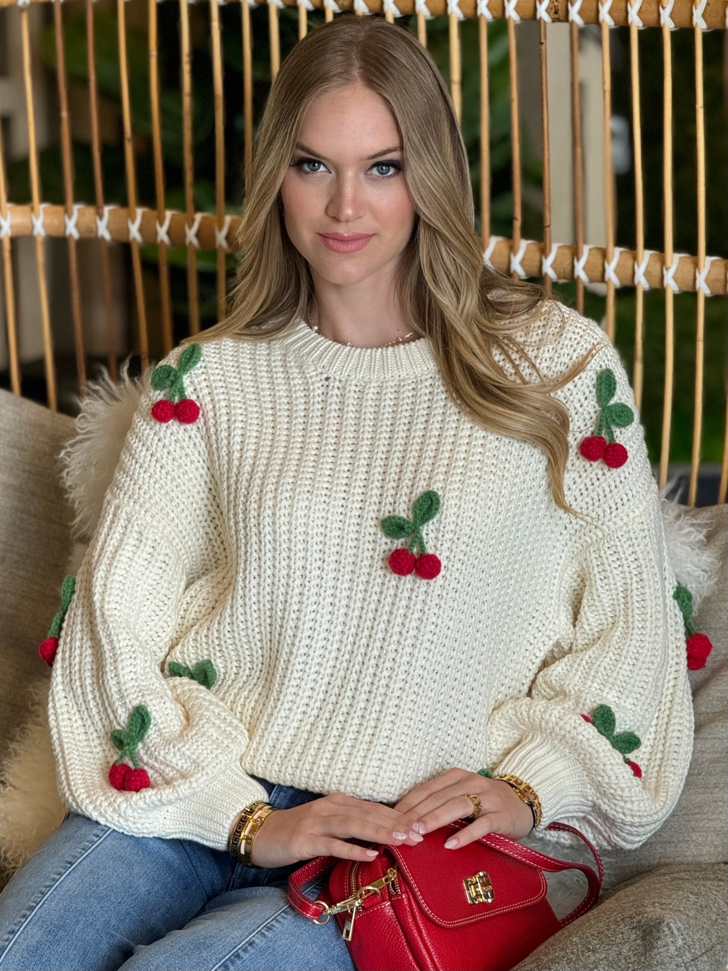 Cherries 3D Knitted White Sweater