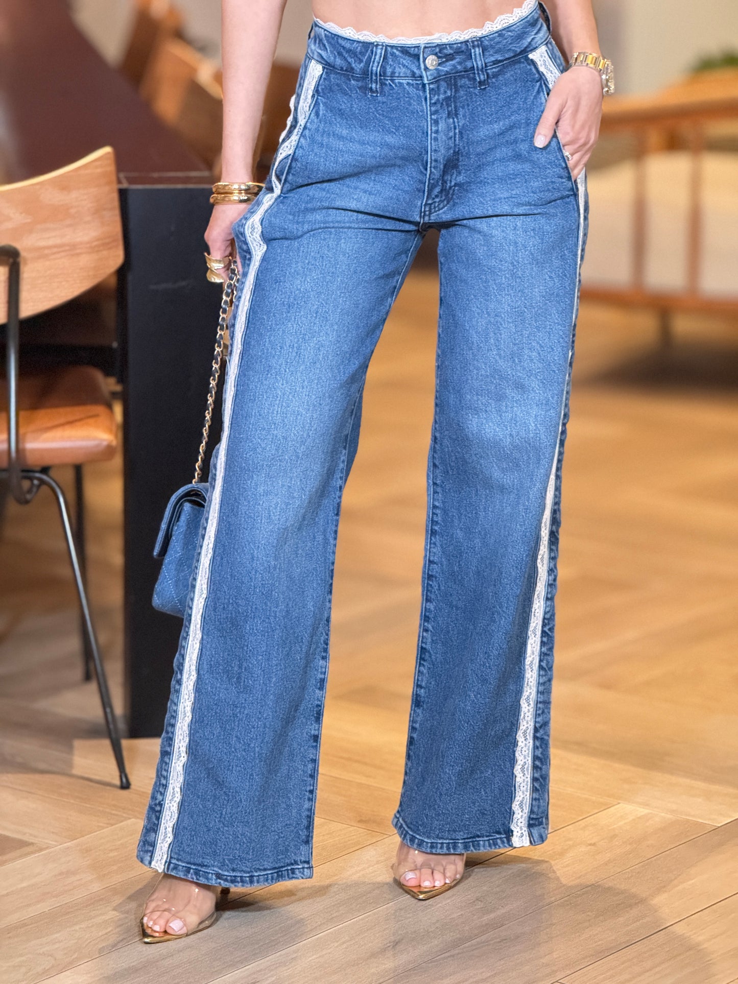 Vibrant Dark Denim/White Lace Jeans