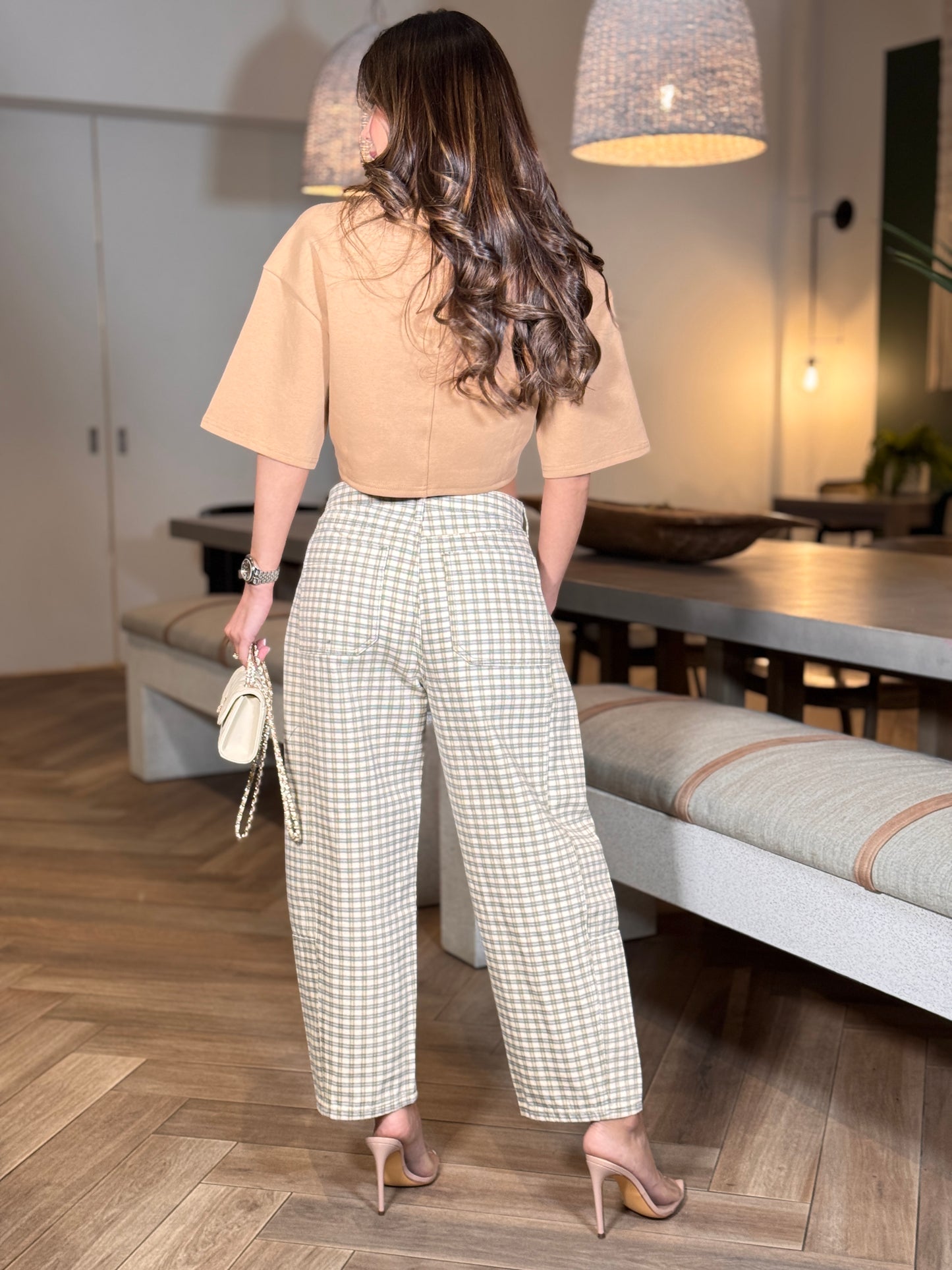 Miou Olive Green Plaid Print Barrel Pants