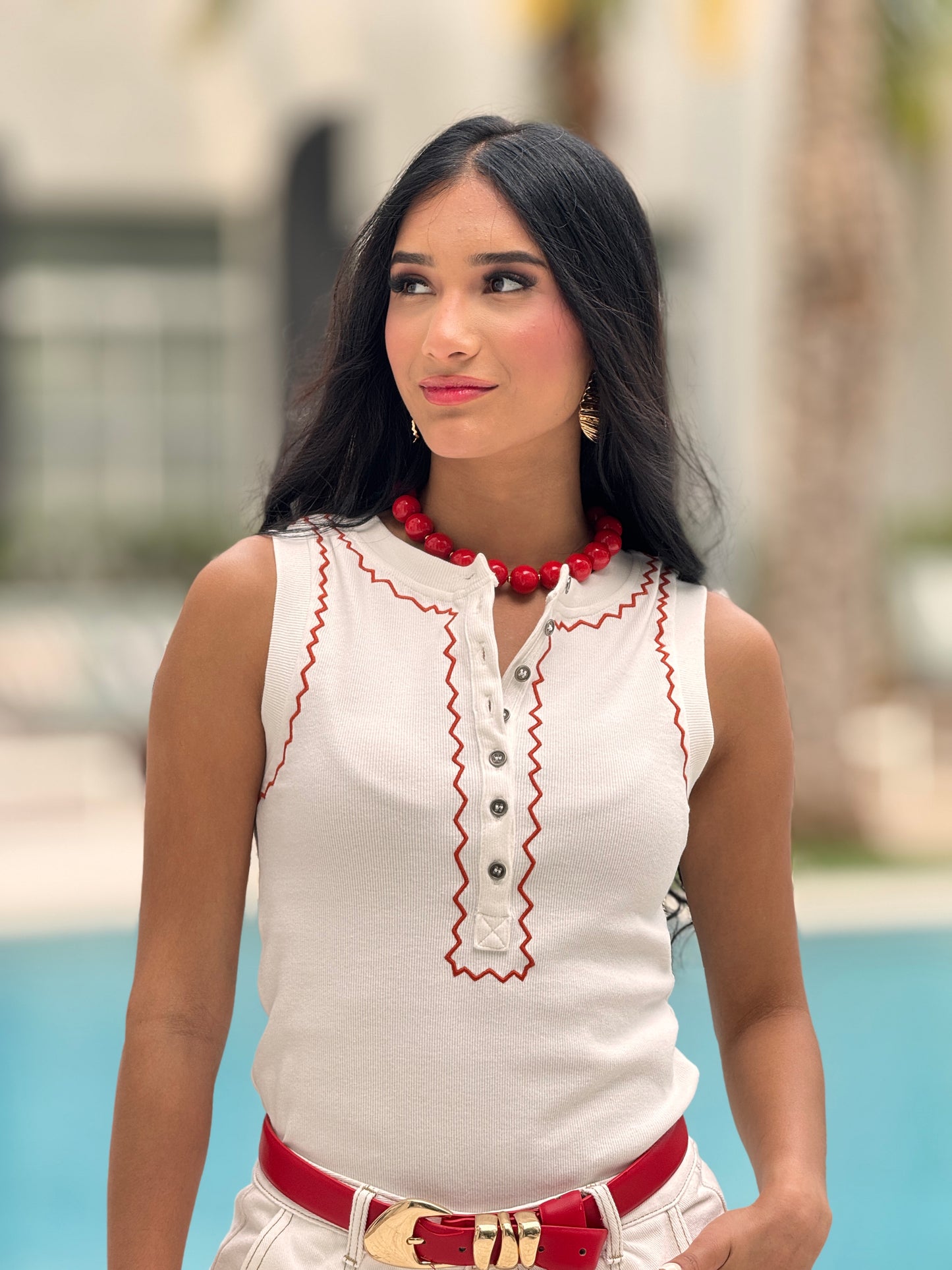 Amber Off White Borders Knit Basic Top