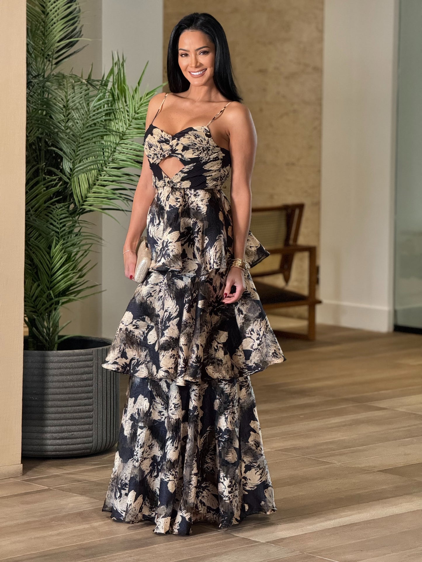 Norkys Floral Black/Gold Ruffle Dress Gala