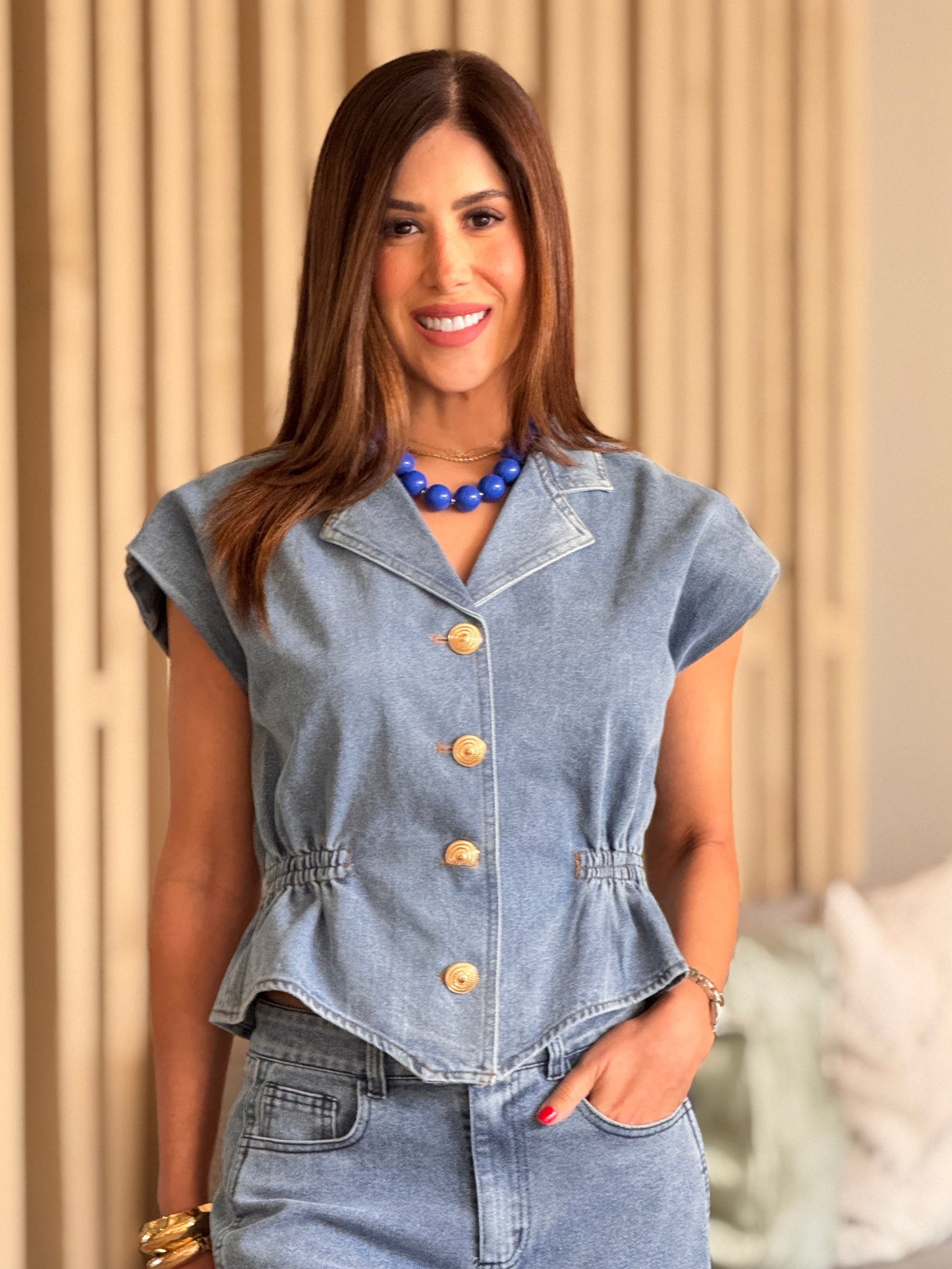 Pastel Light Denim Peplum Vest Top