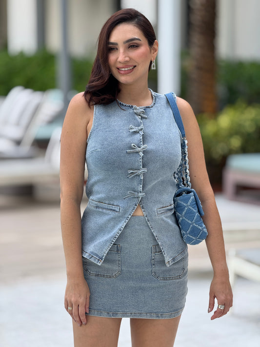 Maine Denim Bow Vest+Skort Set