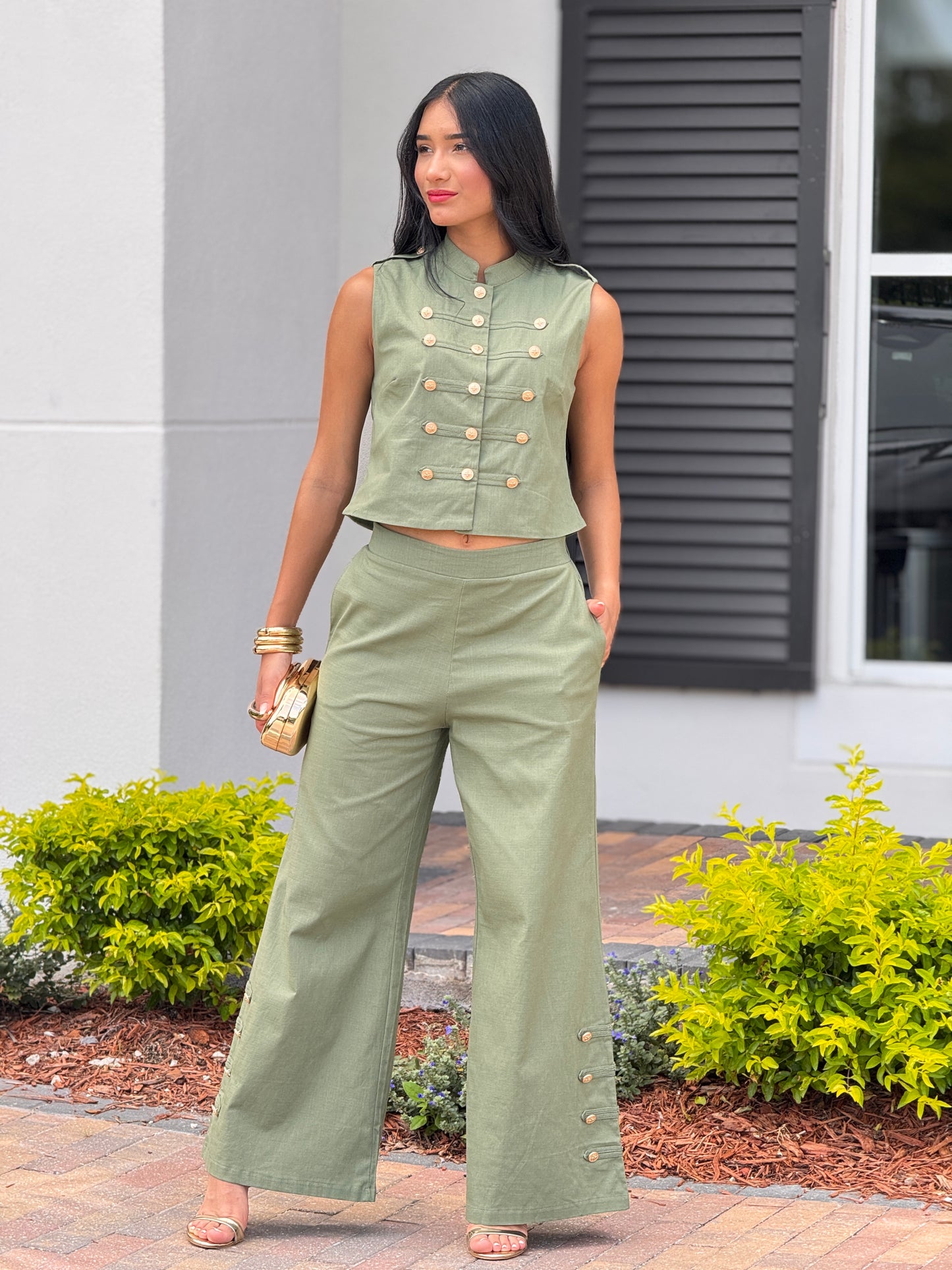 Creta Green Linen Studs Vest Set