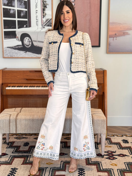 French White/Blue Side Stitches Jeans (bottom flowers)