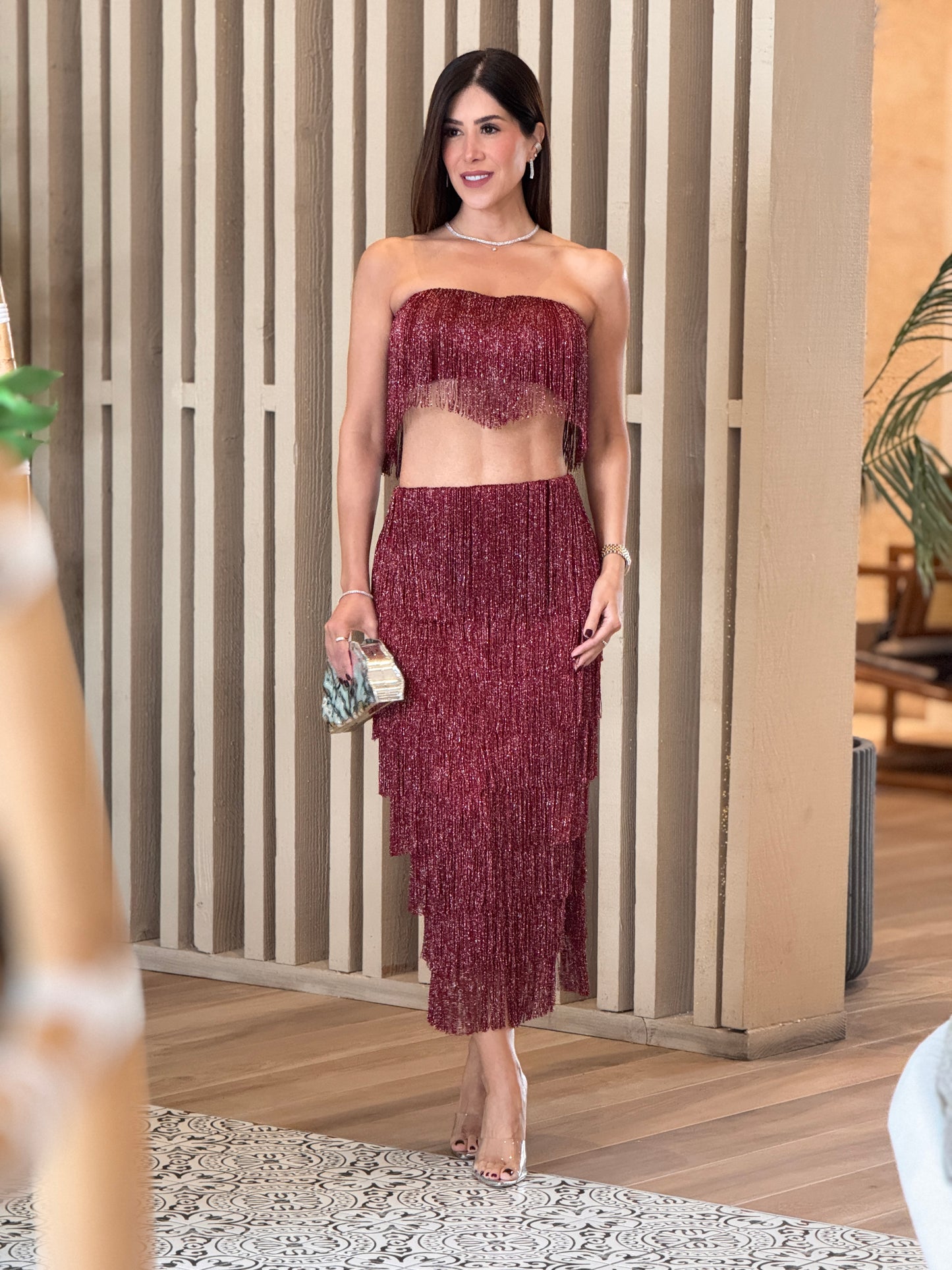 Symphony Red Sparkly Fringe Skirt Set